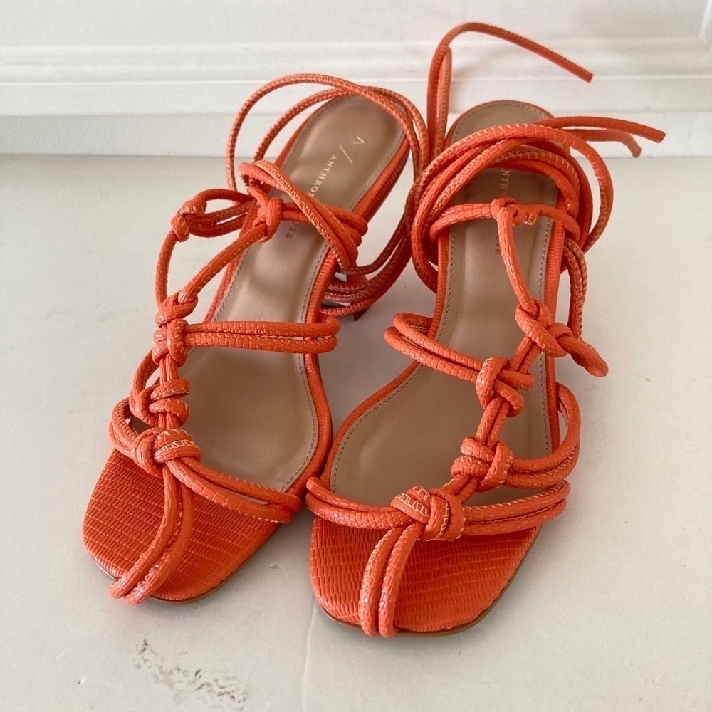 NWOT Anthropologie Strappy Orange Animal Print Leather Heeled Sandals - Picture 5 of 6